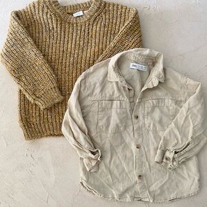 Zara beige linen Button-Up Shirt and mustard brown chunky Knit Sweater set